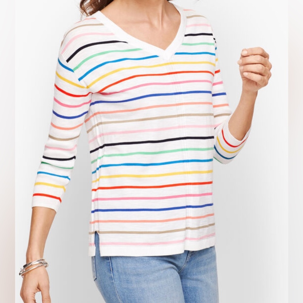 Talbot V-Neck Sweater Petite Size S 100% Cotton Multi Color Striped Shirt